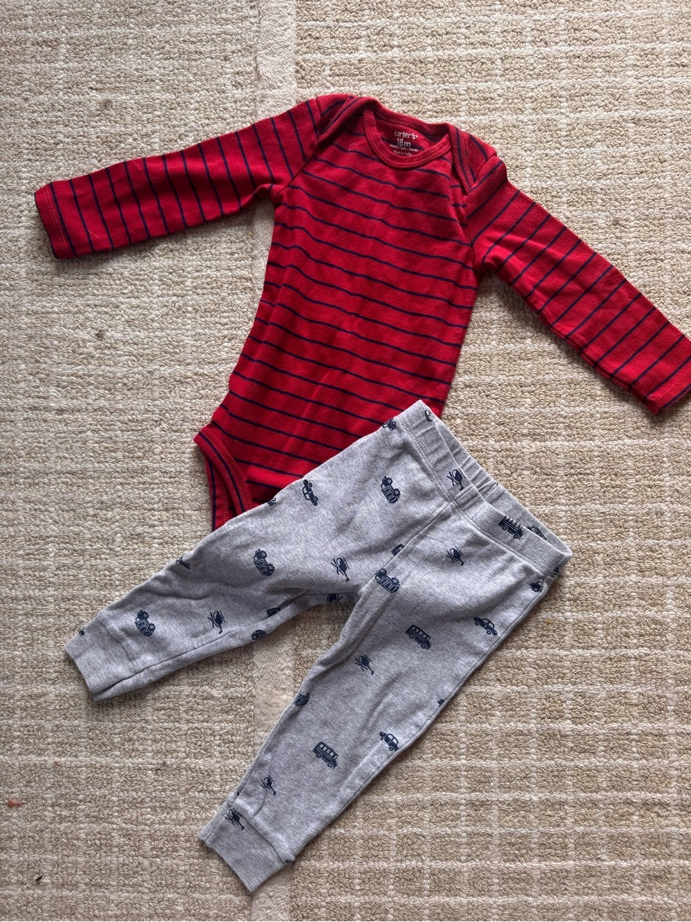 Carter's Red and Navy Striped Long-Sleeve Bodysuit with Gray Car Print Pants